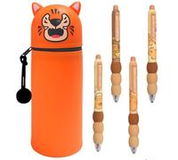 Tiger Silicone Pencil Case, 2-in-1 Telescopic Tiger Pencil Case, Pack of 4 Animal Eraser Pens, Ballpoint Pen, Telescopic Tiger Silicone Pen Bag, 0.5 mm Erasable Gel Pens, for Students