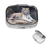 Tiger Sitting on Rock Animal Pill Box 2 Compartment Square Portable Pill Case for Pocket or Purse Pill Holder Weekly Pill Organizer Decorative Metal Medicine Vitamin Organizer Travel Gift