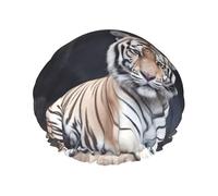 Tiger sitting on rock animal Shower Cap Reusable Waterproof Shower Bonnet for Women Men Elastic Band Bath Hair Hat Double Layered Washable Bath Cap for All Hairstyles, Travel-Friendly