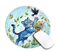 Tiger Small Mouse Pad, Playful Fanciful Flowers Bird Spring Blue Round Rubber Smooth Aesthetic Mousepads for Desk Desk Decor for Office Home Dorm Laptop Round 8x8 Inch