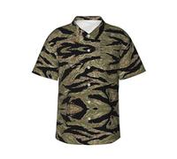 Tiger Stripe Camo Print Men Fashion Hawaiian Shirt Short Sleeve Button Down Tropical Shirts for Beach, Black, Large