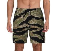 Tiger Stripe Camo Print Mens Swim Trunks Quick Dry Board Shorts Mesh Lining, Breathable Beach Surf Shorts, Black, Medium