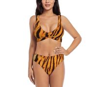 Tiger Striped Pattern Print High Waisted Two Piece Swimsuits,Women's Bathing Suit with Tummy Control,Bikini for Women Black