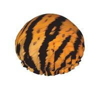Tiger Striped Pattern Print Shower Cap for Women Men, Reusable Double-Layer Fabric Bathing Cap Girls Hair Caps, 27 CM