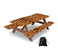 Tiger Striped Pattern Print Waterproof Picnic Table Cover With Bench Cover Set Of 3 Elastic Edge Durable Outdoor Tablecloth