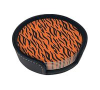 Tiger Stripes Orange Pattern Coasters For Drinks, 6 Pcs Leather Coaster With Holder, Round Cup Mat Pad Set For Home And Kitchen 3.9 Inches
