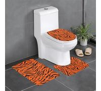 Tiger Stripes Orange Pattern Printed Printed Flannel Anti-Slip Bath Mat Set of 3-60x40cm | Bathroom Rug Set - Bath Mat + U-Shaped Pedestal Mat + O-Shaped Toilet Seat Cover
