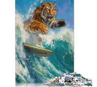 Tiger Surfer Surfing Waves Puzzle 1000 Teile, hochanspruchsvolles DIY-Großpuzzle, Lernspielzeug, lustige Familienspiele, einzigartige Heimdekoration (75 x 50 cm)