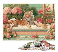 Tiger Taking A Bath Wooden Jigsaw Puzzles 1000 Pieces for Adults Fun Home Decoration Stress Relief Toy Education Game Toy Intellectual Game Challenge Educational 1000pcs (75x50cm)