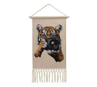 Tiger Taking Photo Tapestry Cotton And Linen Wall Art Prints with Tassels Wooden Hanging Poster Frame Picture