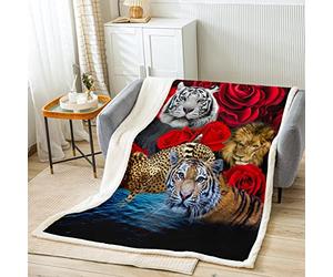 Tiger Throw Blanket for Bed Sofa Kids Rose Leopard Lion Plush Blanket Luxury Rose Floral Cheetah Sherpa Blanket Nature 3D Wild Animal Safari Cat Fuzzy Blanket Single 50x60 Inch