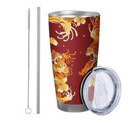 Tiger tumbler Pack Of 1 Artistic Beautiful Flower Aesthetic Animals Chinese Style Pattern red orange Powder Coated Hot And Cold Shatterproof Office Outdoor Club Dorm With Lid drinking cup 20 Ounce