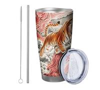Tiger Tumbler Pack of 1 Funny Animals Pattern Abstract Cloud Artistic Tree Flower Plant Pink Orange Metal Reusable No Spill Shatterproof Yard Outdoor Picnic Gym with Straw Cold Drinks 20 Ounce
