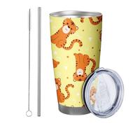 Tiger tumbler Pack Of 1 Regular Pattern Cute Cartoon Animals Graphic Kids Funny yellow orange Metal Reusable No Spill Shatterproof Yard Outdoor Picnic gym office with straw Cold Drinks 20 Ounce