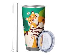 Tiger tumbler Set Of 1 Lovely Funny Animals Leaves Flower Botanical Cartoon Pattern green orange Metal Reusable No Spill Shatterproof Yard Outdoor Picnic gym with straw Cold Drinks 20 Ounce