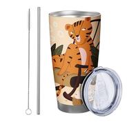 Tiger Tumbler with Cute Animals Leaves Cat Potted Book Abstract Beige Orange Green Powder Coating Hot and Cold Spill Free Travel Pool Outdoor Yard Picnic Coffee