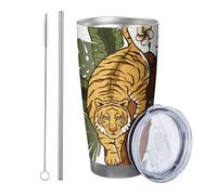Tiger Tumbler with Lid Abstract Animals Wooden Plant Leaves Flowers Art Design Yellow Green Insulated No Spill Office Club 1 Pack