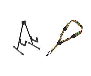 Tiger UAC19-BK Foldable A Frame Stand for Ukulele, Mandolin and Violin - Black & TIGER STP80-AZ Ukulele Strap - Adjustable fits all Ukuleles - Aztec Style