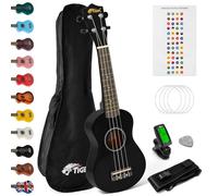Tiger UKEKIT-BK Soprano Ukulele Kit - Suitable for Beginners and Children - Chromatic Tuner, Strap, Carry Bag, Notes Sticker, Felt Pick, Spare Strings, with Aquila Strings Fitted - Black
