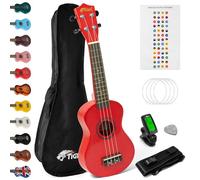 Tiger UKEKIT-RD Soprano Ukulele Kit - Suitable for Beginners and Children - Chromatic Tuner, Strap, Carry Bag, Notes Sticker, Felt Pick, Spare Strings, with Aquila Strings Fitted - Red