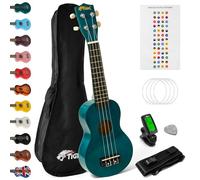 Tiger UKEKIT-TB Soprano Ukulele Kit - Suitable for Beginners and Children - Chromatic Tuner, Strap, Carry Bag, Notes Sticker, Felt Pick, Spare Strings, with Aquila Strings Fitted - Teal Blue
