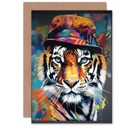 Tiger Wearing a Bucket Hat Vibrant Multicoloured Funny Animals Birthday Sealed Greeting Card Plus Envelope Blank inside