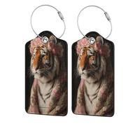 Tiger Wearing A Flower Crown Luggage Tag for Suitcase 2 Pack Leather Luggage Tag with Privacy Flap Name Id Label and Metal Loop for Women Men Travel