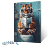 Tiger Wearing Glasses Red Newspaper Sitting on The Toilet Seat Paint by Number for Adults On Canvas DIY Oil Painting Kits Acrylic Paints for Home Wall Decor Art Craft Gifts 16x20in (Frameless)