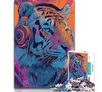 Tiger Wearing Headphones Puzzles for Adults Teens 1000 Pieces,Help The Brain Exercise Addictive Toys to Cultivate Patience Parent-child Interaction 38x26cm