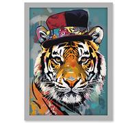 Tiger Wearing Soft Felt Top Hat Modern Folk Art Artwork Framed A3 Wall Art Print