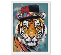 Tiger Wearing Soft Felt Top Hat Modern Folk Art Artwork Framed Wall Art Print A4 Artery8 White One Size