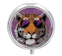 Tiger Wearing Sunglasses Pill Box 3 Compartment Travel Pill Organizer 3 Times A Day Cute Mini Pill Case for Purse & Pocket Portable Metal Medicine Box with Mirror Round Daily Medicine Vitamin Containe