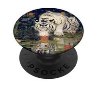 Tiger white Mirror Reflection with Lily Pad Art Design PopSockets Adhesive PopGrip