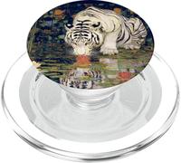 Tiger white Mirror Reflection with Lily Pad Art Design PopSockets PopGrip for MagSafe