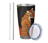 Tiger with lid and straw tumbler Cute Animals Pattern Abstract Artistic Botanical Floral Leaves orange red green Metal Can Cooler No Spill School college Office outdoor Stemless Double Wall 20 Ounce