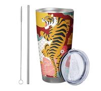 Tiger with lid and straw tumbler Pattern Cartoon Animals Cloud Flower Fan Graphic Geometric red yellow blue Insulated Hot And Cold No Spill Yard Outdoor Picnic gym Coffee drinking cup 20 Ounce