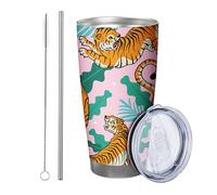 Tiger with lid tumbler Set Of 1 Funny Painting Pattern Animals Leaves Lovely Botanical Star orange pink green Stainless Metal Hot And Cold Office Outdoor Club Dorm Coffee drinking cup 20 Ounce