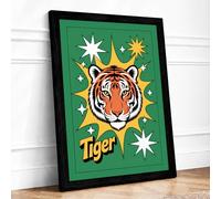 Tiger with Stars Retro Framed Wall Art Print A4 Black