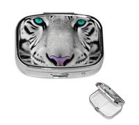 Tiger with Teal Eyes Pill Box 2 Compartment Square Portable Pill Case for Pocket or Purse Pill Holder Weekly Pill Organizer Decorative Metal Medicine Vitamin Organizer Travel Gift