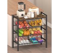 Tigerden 4-Tier Kitchen Storage Rack, Metal Pantry Storage Stand with 6 Fruit Vegetable Baskets, Small Kitchen Island with Wood Top, Freestanding Snack Organizer Shelf for Living Room, Office, Black