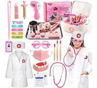 Tigerhu 32pcs Doctors Set for Kids, Kids Doctor Sets Wooden Dentist Tool Kit with Stethoscope, Doctor Roleplay Costume Dress-Up, Gifts for 3 4 5 6 Years Old Girls