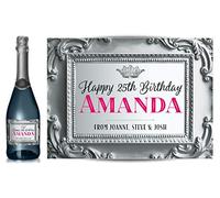 TigerMill Publishing Personalised Silver Effect Baroque Style Champagne Labels for Any Occasion or Event, Birthday, Wedding, Engagement, Anniversary, Hen Night, Christmas etc (Silver/Pink)
