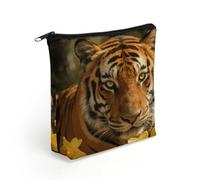 Tigers And Yellow Flowers Makeup Bag with Sturdy Zipper，Linen Material Storage Bag,Large Capacity And Multi-Purpose Cosmetic Bag for Daily Life, Travel, Outings, Business Trips And Other Occasions