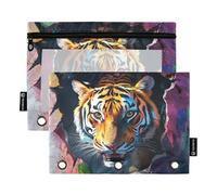Tigers Breaking Through The Wall Ringing Binder Organizer with Clear Window Zipper Pencil case Big Capacity Pockets 3 Hole Punched for Office School Supplies Cosmetics Multicolored 2 PCS