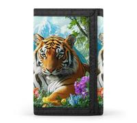 Tigers Colorful Flowers Men's Trifold Wallet with Zipper Minimalist Credit Card Holder Casual Coin Purse Anniversary Birthday Gift