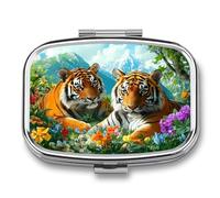 Tigers Colorful Flowers Portable Pill Organizer with 2 Compartments Square Medicine Box Compact Travel Pharmacy Case