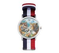Tigers Colorful Flowers Woven Strap Watch Multicolor Wristwatch Easy Reader Analog Watches for Men Women Birthday Gift
