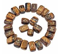 Tiger's Eye Rune Stones Tumbled Engraved Lettering Crystal Set for Wicca Crystals Healing Chakra Reiki - Brown