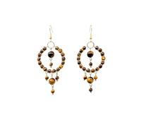 Tiger's Eye Stone Hoop Earrings, Handmade Beaded Wire Wrap Drop Earrings, Natural Crystal Boho for Women