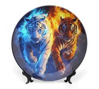 Tigers in Flame & Ice Bone China Decorative Plate Ceramic Wall Dinner Plates with Display Stand for Home Kitchen Decor 7inch